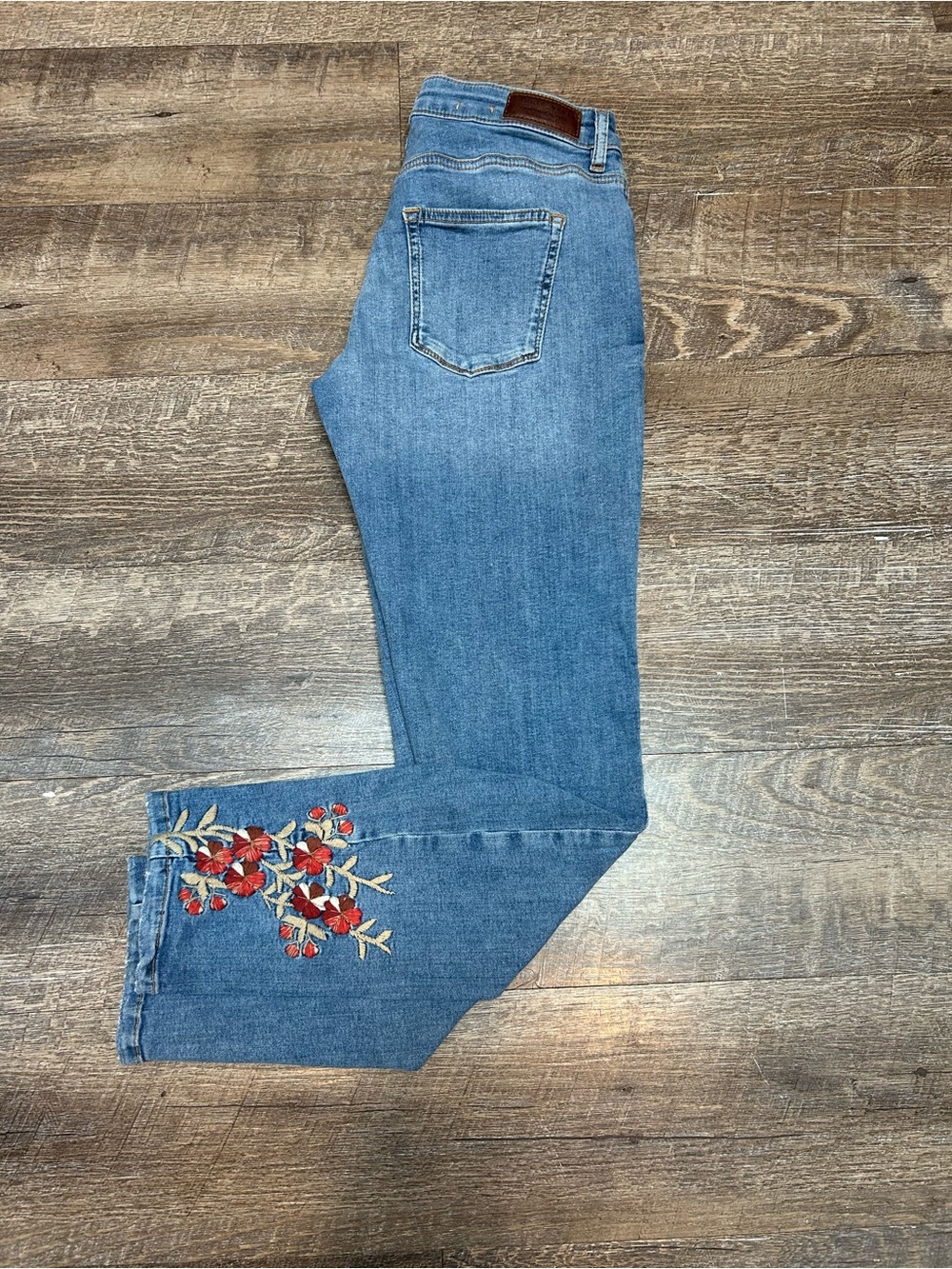 Esprit Blue Ankle Jeans with Red Floral Embroidery